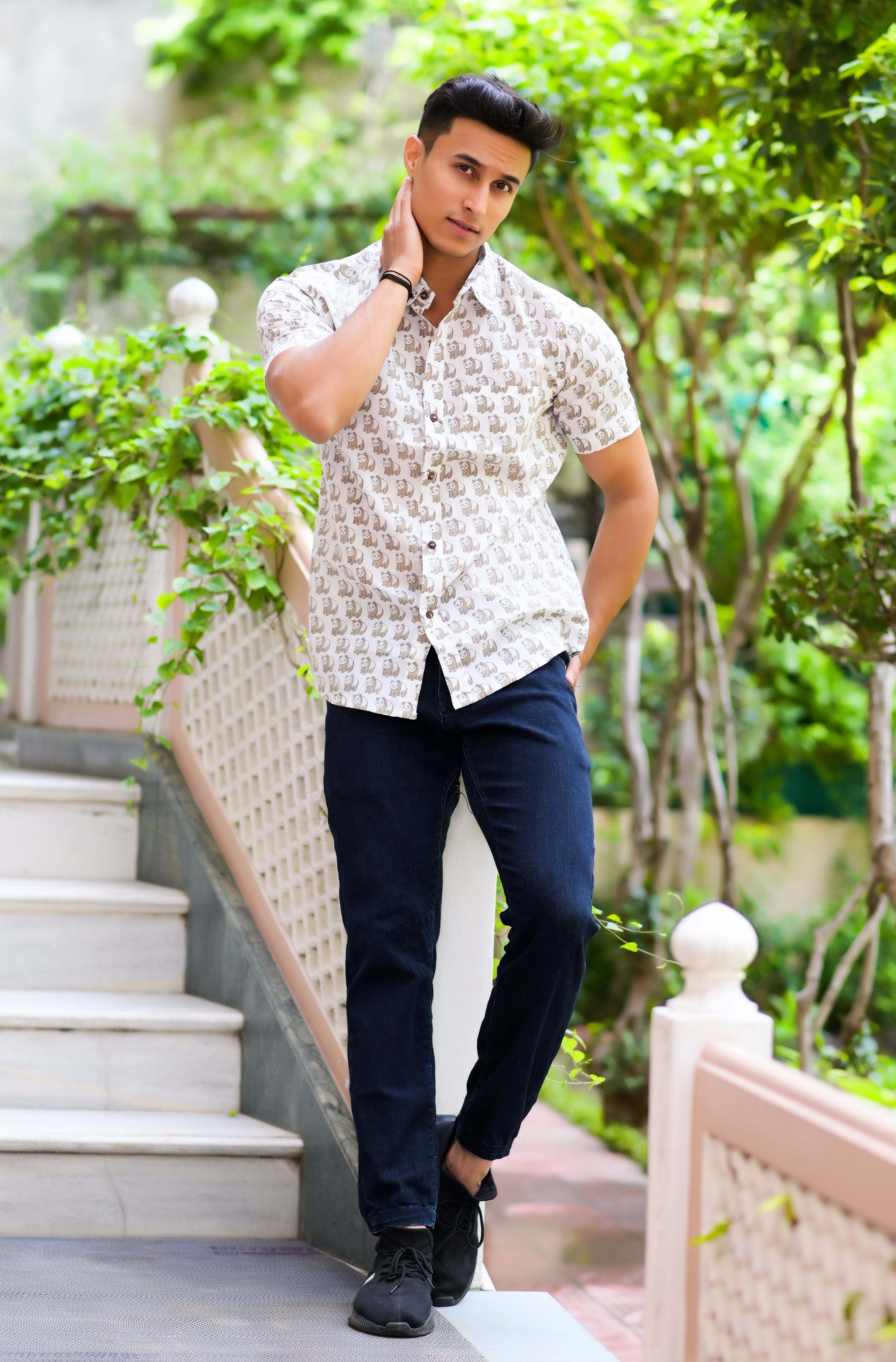 Qala Jaipur White Hand Block Print Bear Motif Shirt for Men | Jaipuri Hand-Block Cotton Shirt