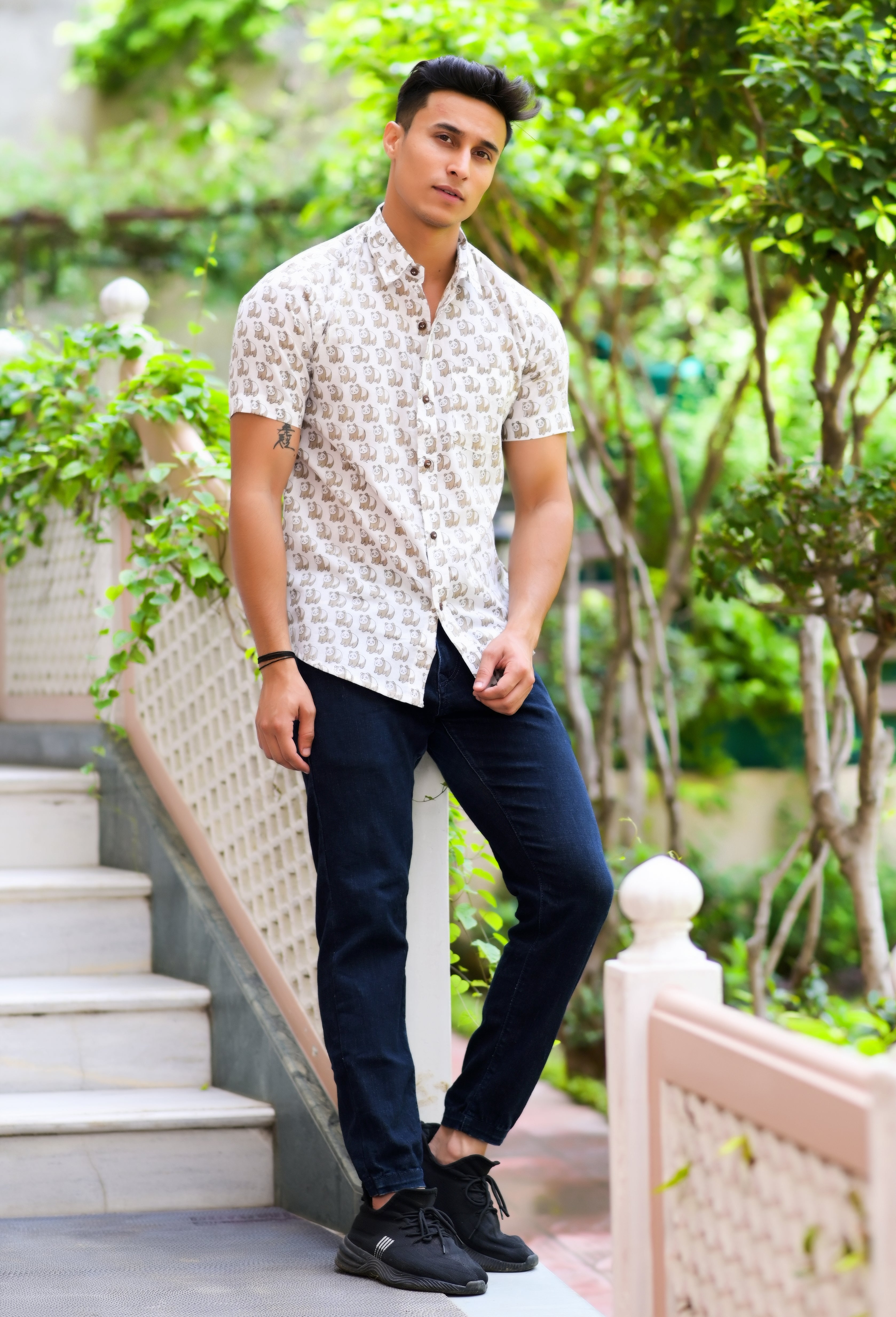 Qala Jaipur White Hand Block Print Bear Motif Shirt for Men | Jaipuri Hand-Block Cotton Shirt