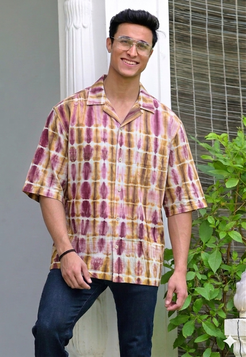 Qala Jaipur Vintage Plum Tie-Dye Cotton Resort Shirt for Men | Rajasthani Hand-Dyed Shibori Shirt