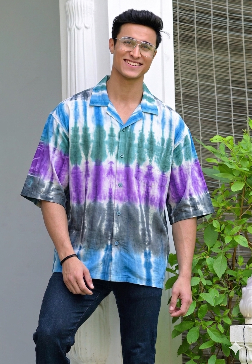 Qala Jaipur Blue, Green & Purple Tie-Dye Cotton Resort Shirt for Men | Rajasthani Hand-Dyed Shibori Shirt