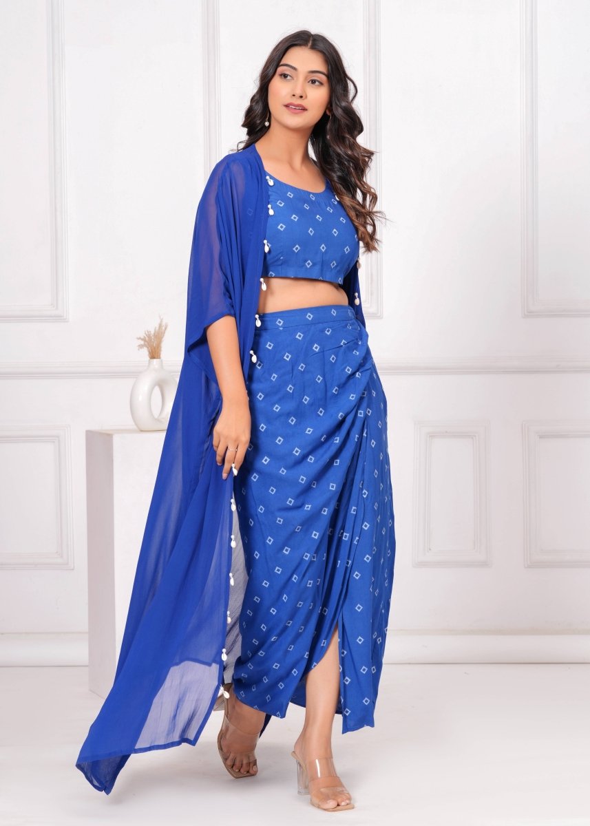 Blue Block Print Co - Ord Set with Sheer Overlay - My Trend Fusion Collection - Qala Jaipur