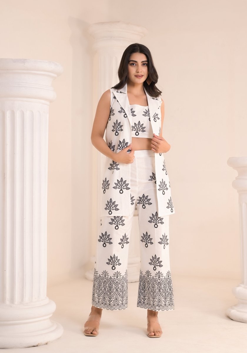 Art of Block - White & Black Block Print 3 - Piece Co - ord Set - Qala Jaipur