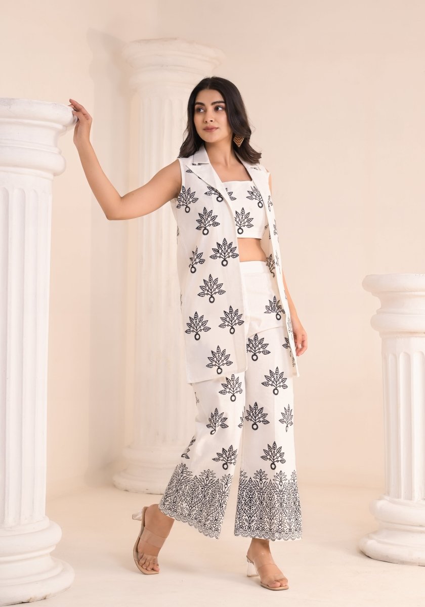 Art of Block - White & Black Block Print 3 - Piece Co - ord Set - Qala Jaipur