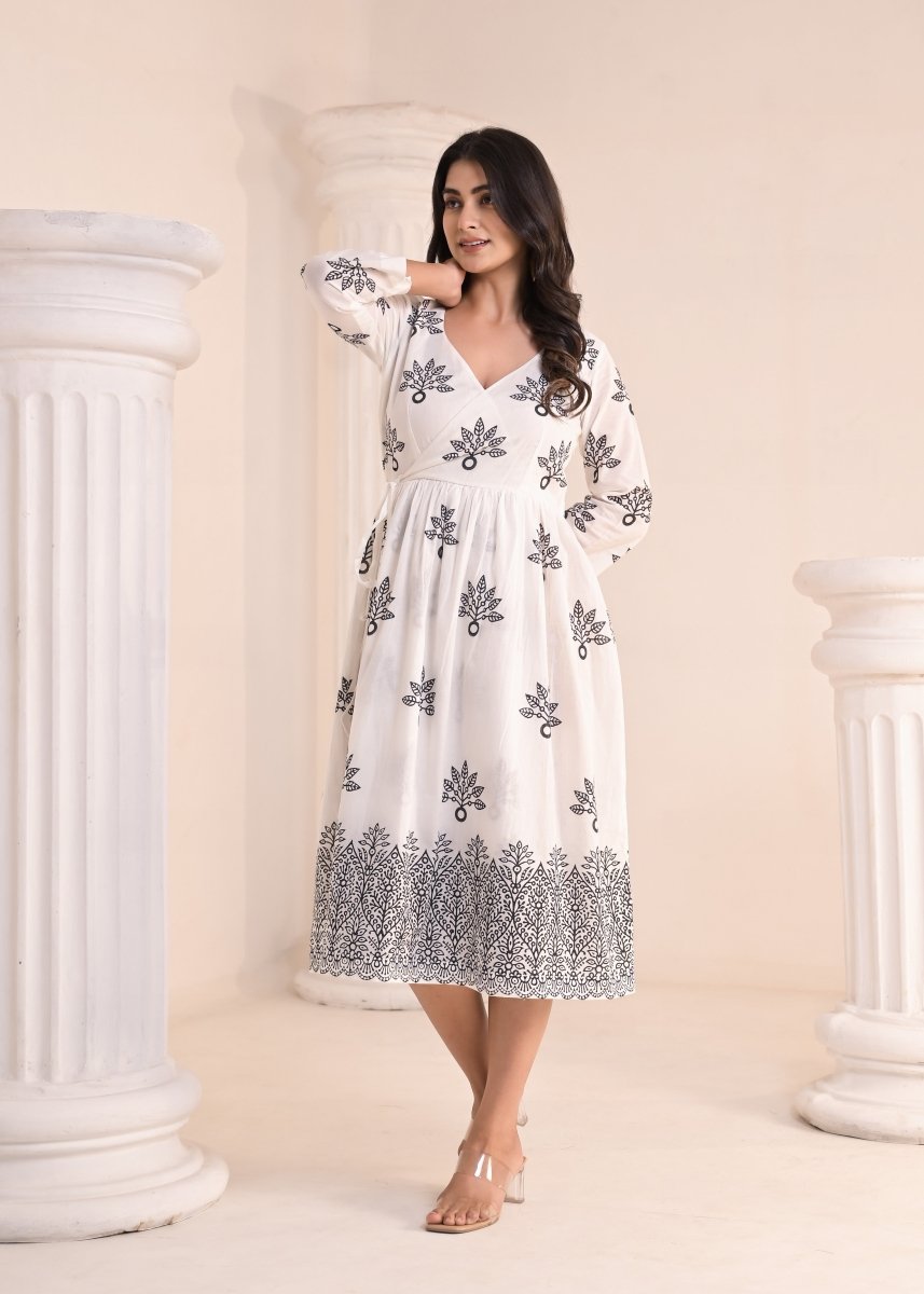 Art of Block - White & Black Block Print Midi Dress - Qala Jaipur