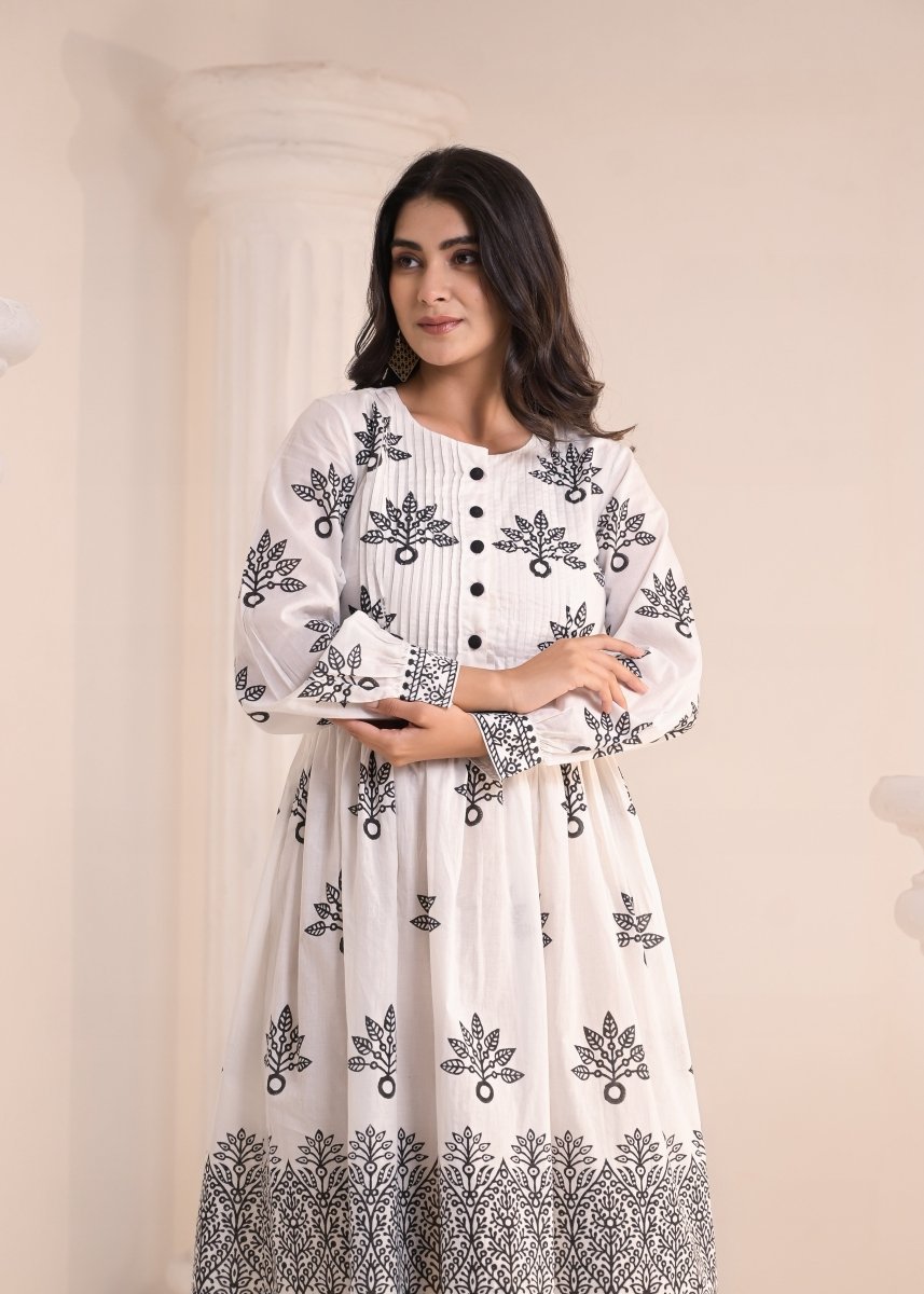 Art of Block - White &amp; Black Block Print Midi Dress - Qala Jaipur