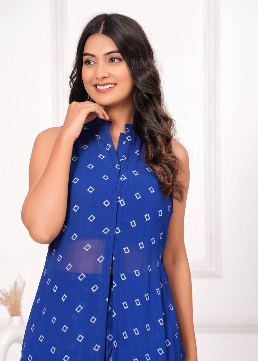 Blue Printed Asymmetrical Co ord Set - My Trend Fusion Collection - Qala Jaipur