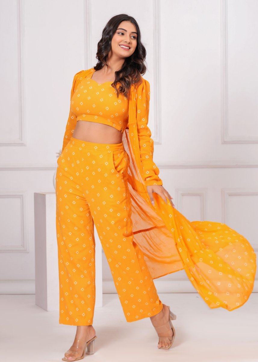 Vibrant Mustard Block Print Co - Ord Set with Longline Shrug - My Trend Fusion Collection - Qala Jaipur