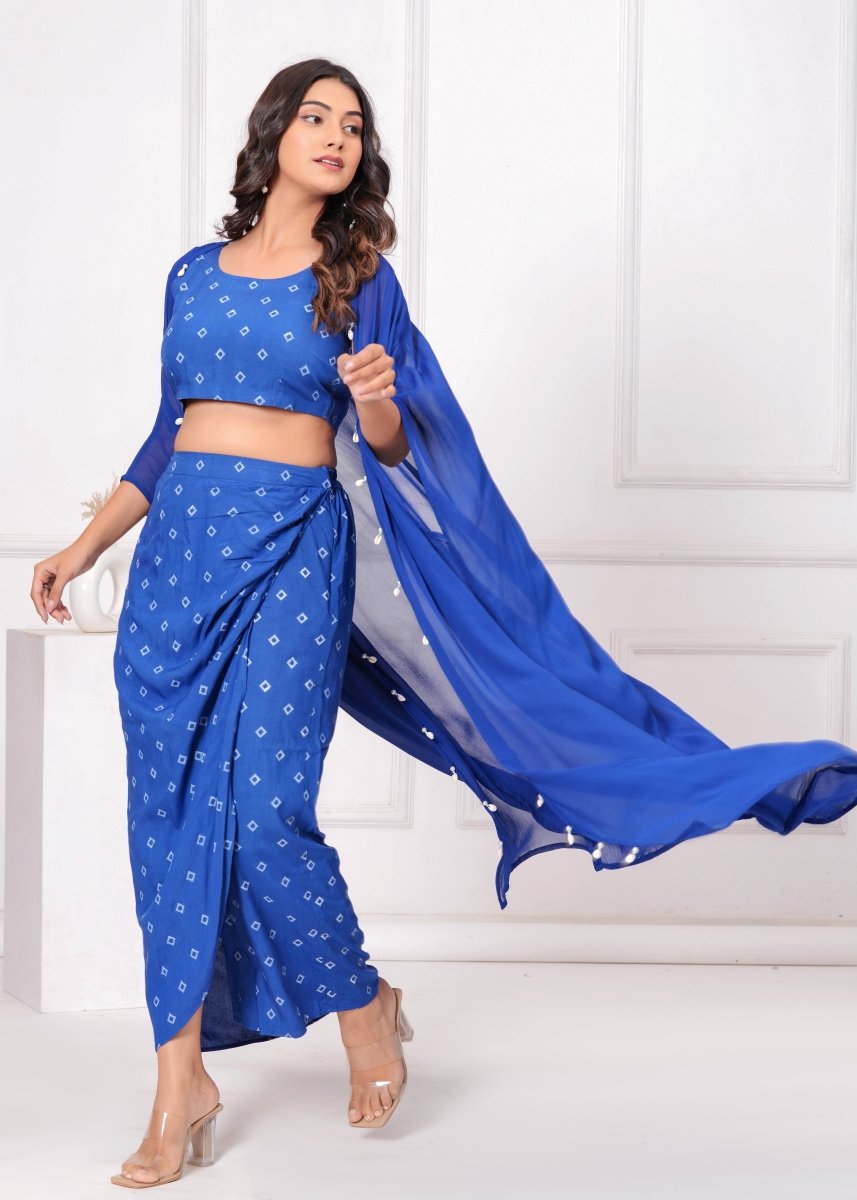 Blue Block Print Co - Ord Set with Sheer Overlay - My Trend Fusion Collection - Qala Jaipur