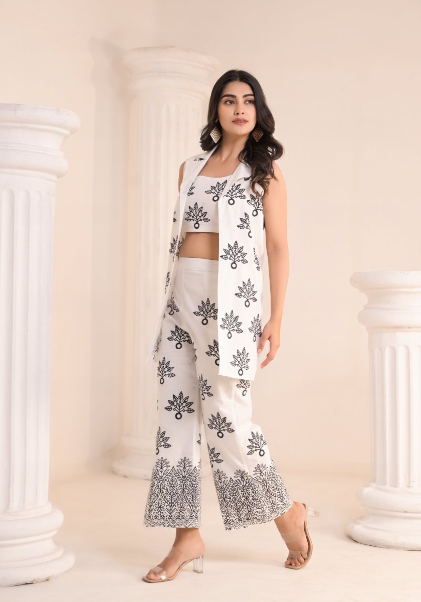 Art of Block - White & Black Block Print 3 - Piece Co - ord Set - Qala Jaipur