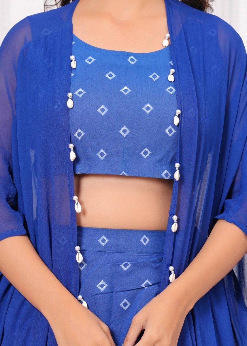 Blue Block Print Co - Ord Set with Sheer Overlay - My Trend Fusion Collection - Qala Jaipur