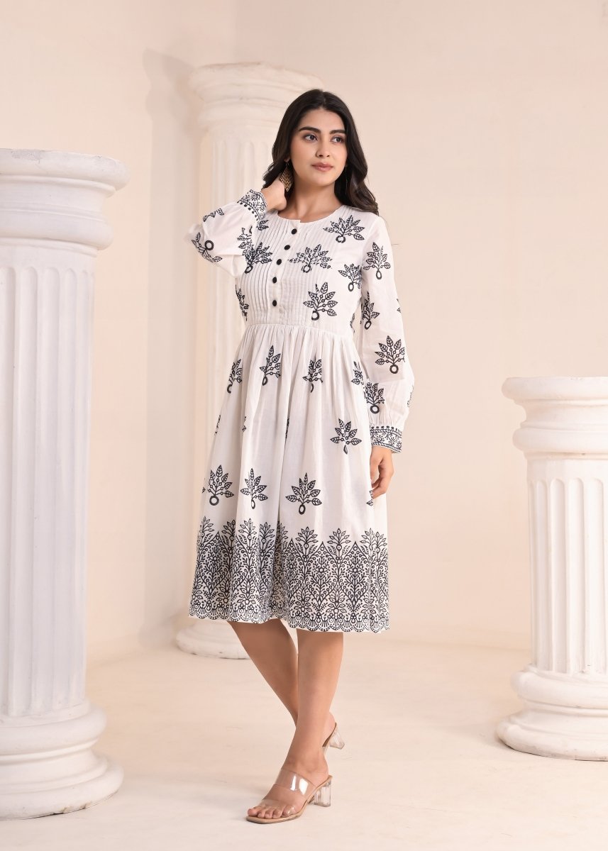 Art of Block - White &amp; Black Block Print Midi Dress - Qala Jaipur