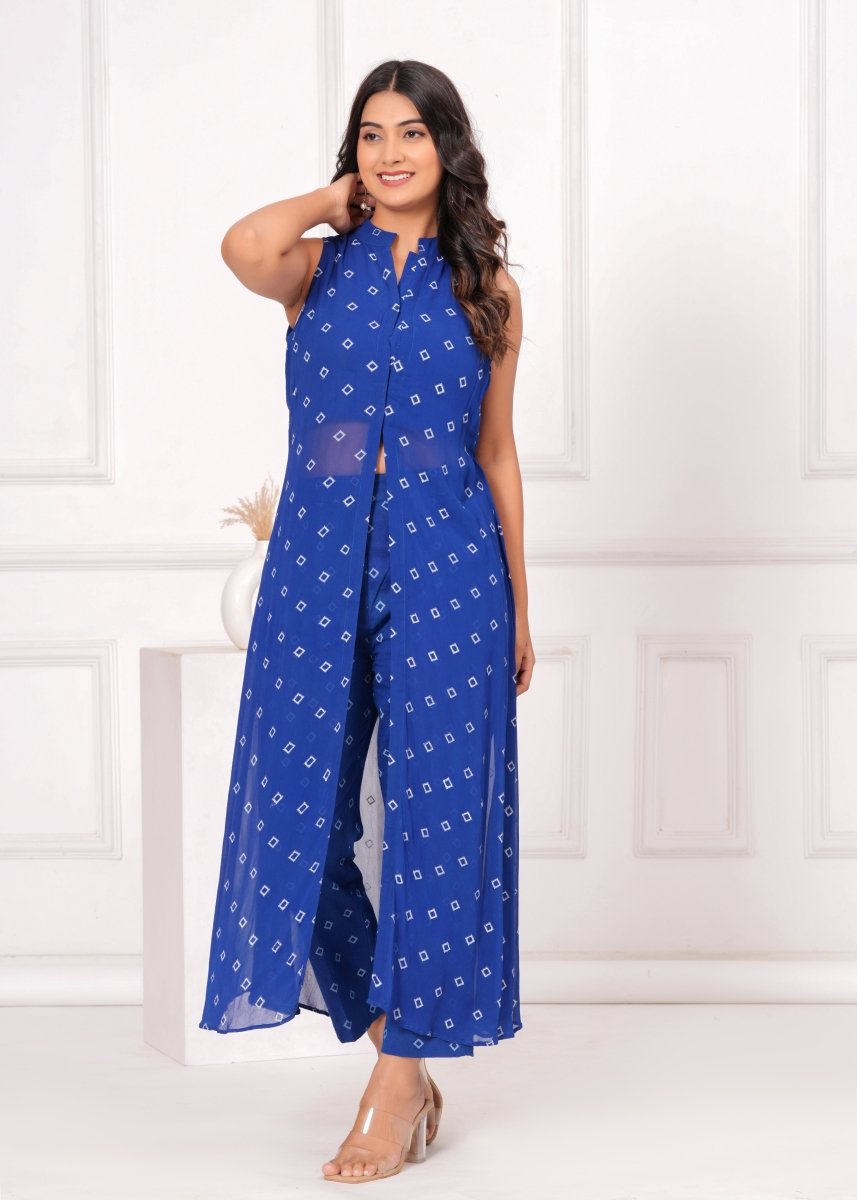 Blue Printed Asymmetrical Co ord Set - My Trend Fusion Collection - Qala Jaipur