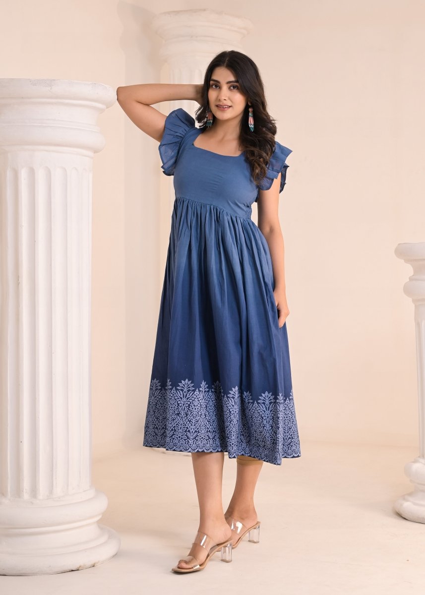 Ombre Block Diaries - Indigo Blue Ruffle Sleeve Midi Dress - Qala Jaipur