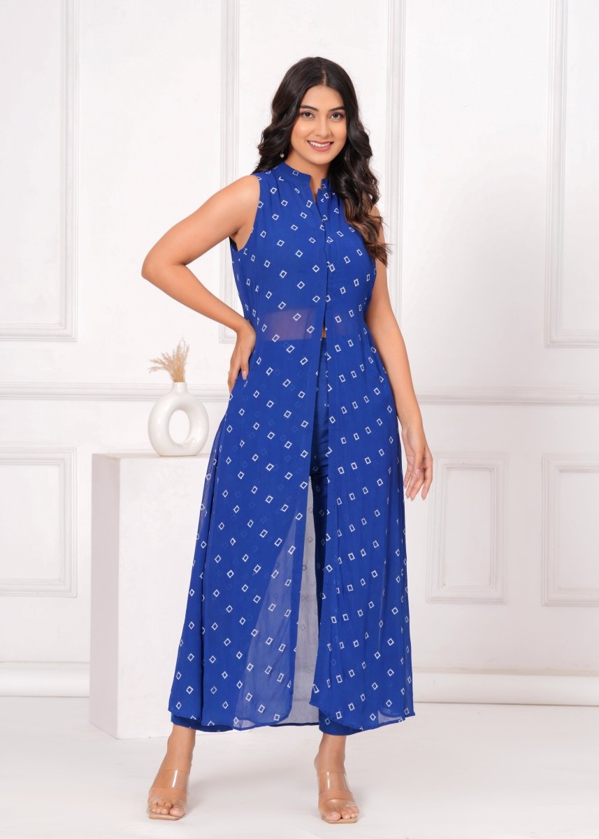 Blue Printed Asymmetrical Co ord Set - My Trend Fusion Collection - Qala Jaipur