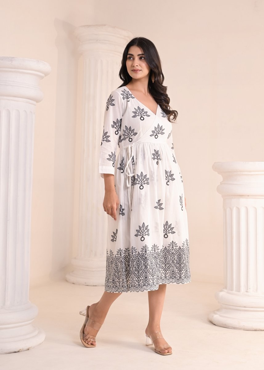Art of Block - White & Black Block Print Midi Dress - Qala Jaipur