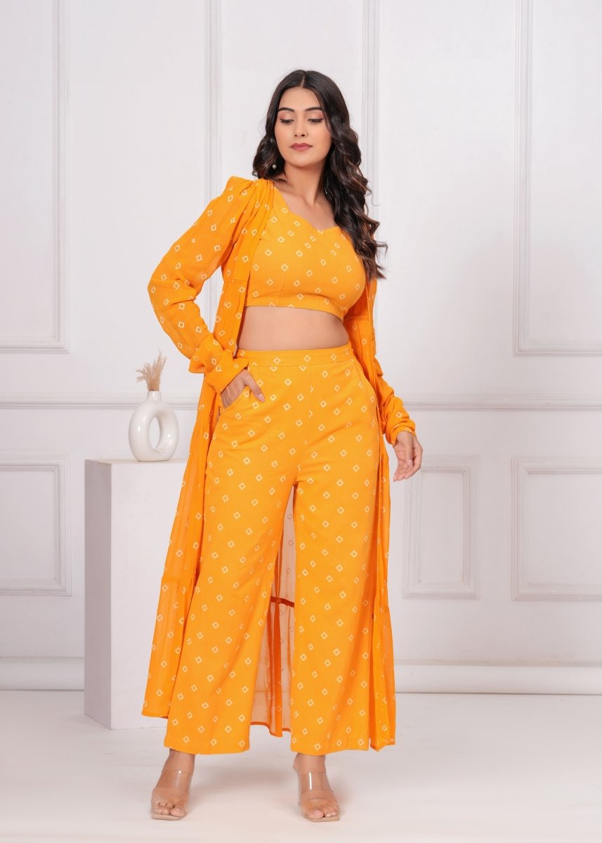 Vibrant Mustard Block Print Co - Ord Set with Longline Shrug - My Trend Fusion Collection - Qala Jaipur