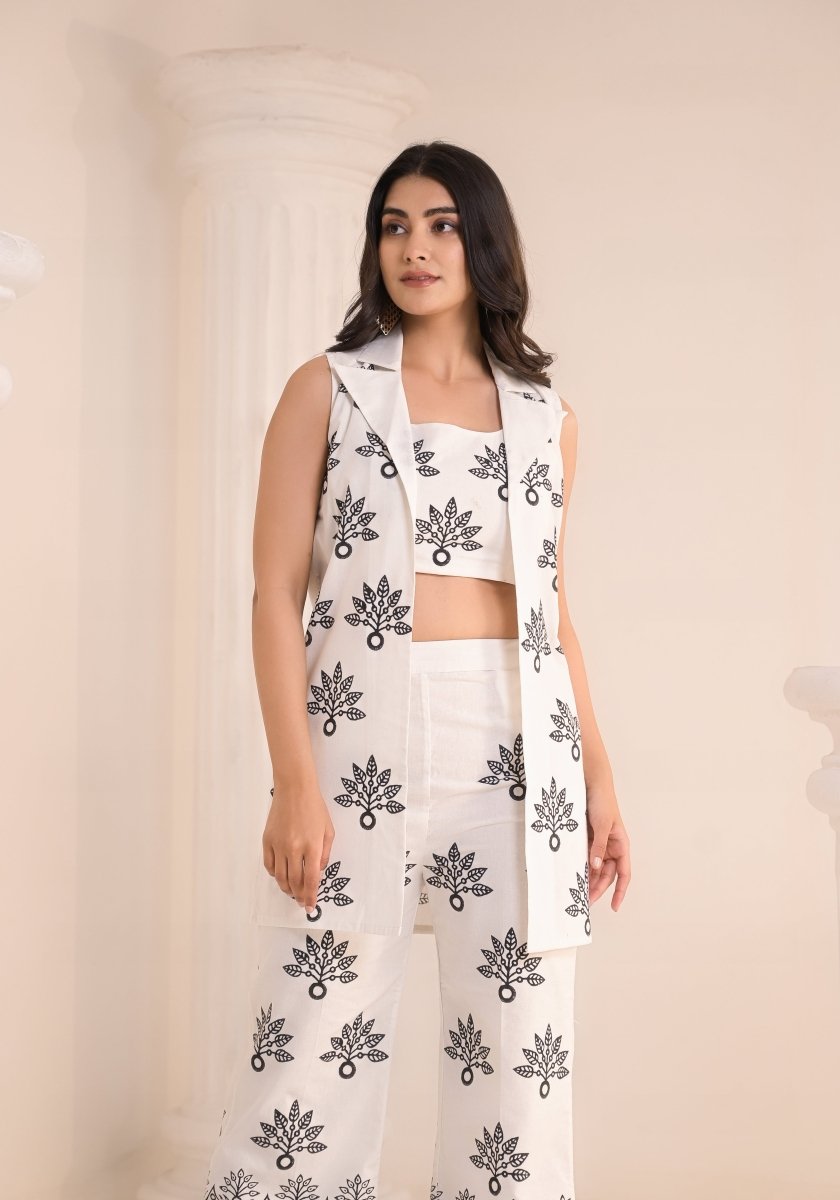 Art of Block - White & Black Block Print 3 - Piece Co - ord Set - Qala Jaipur