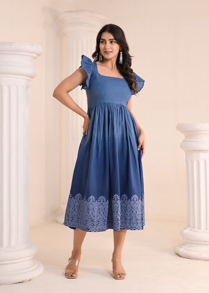 Ombre Block Diaries - Indigo Blue Ruffle Sleeve Midi Dress - Qala Jaipur