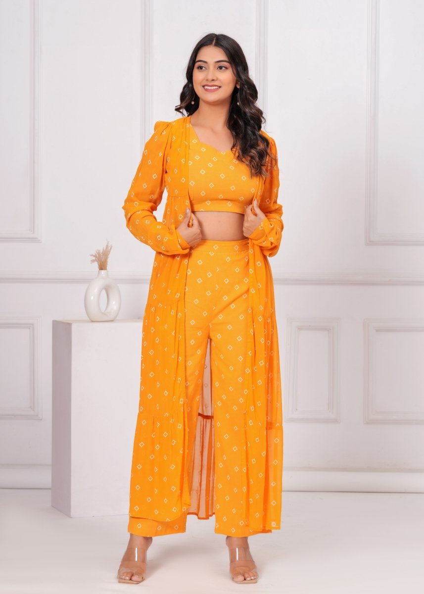Vibrant Mustard Block Print Co - Ord Set with Longline Shrug - My Trend Fusion Collection - Qala Jaipur