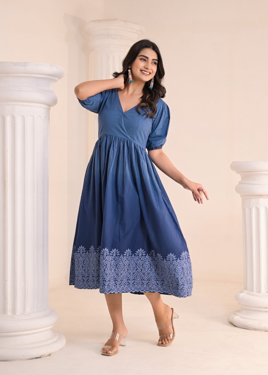 Ombre Block Diaries - Indigo Ombre Block Print Dress - Qala Jaipur