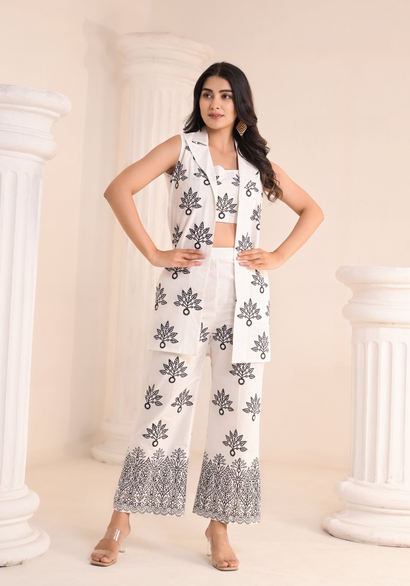 Art of Block - White & Black Block Print 3 - Piece Co - ord Set - Qala Jaipur