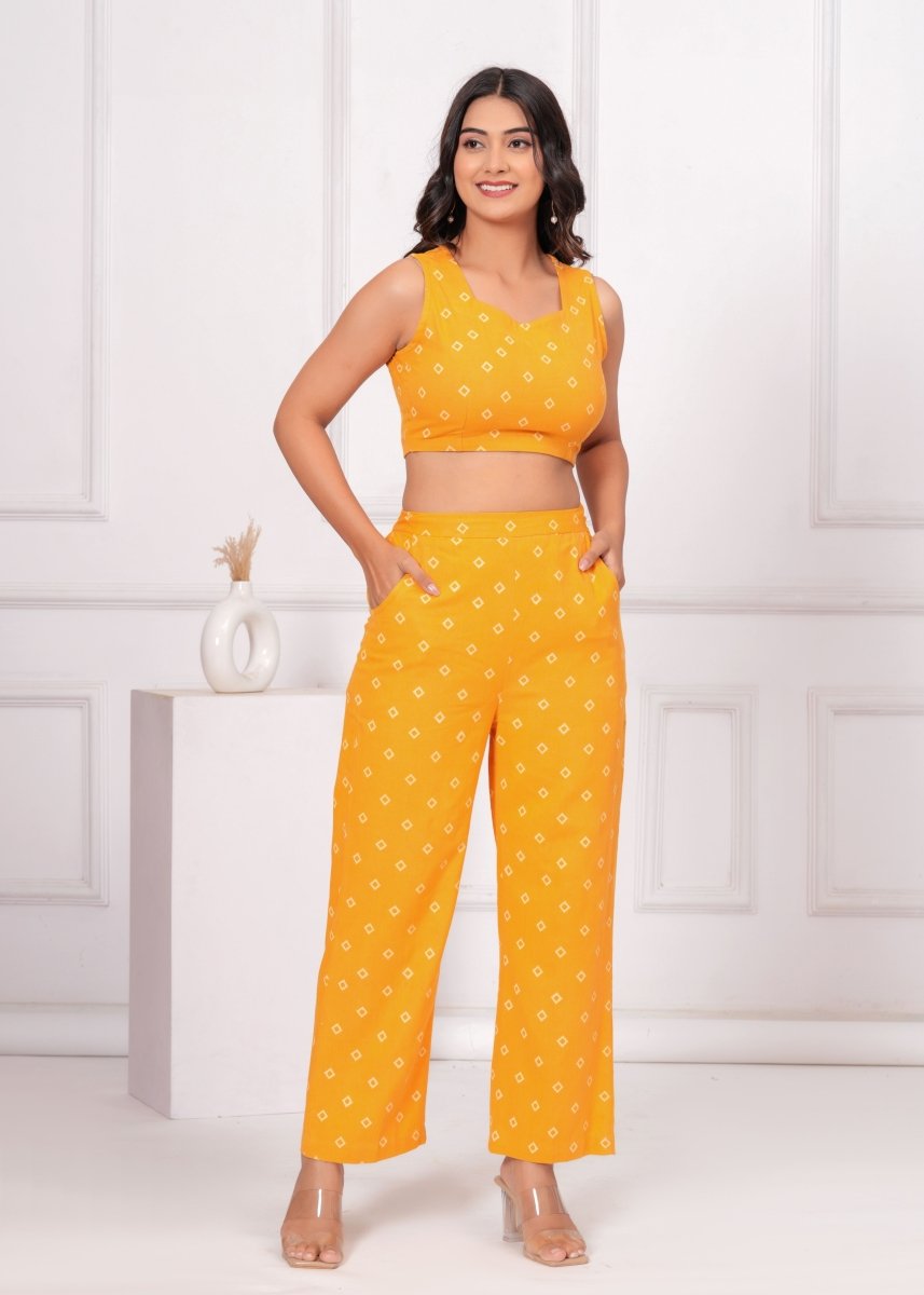 Vibrant Mustard Block Print Co - Ord Set with Longline Shrug - My Trend Fusion Collection - Qala Jaipur