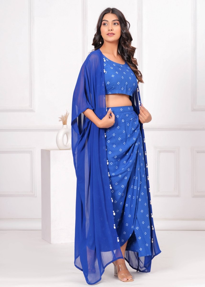 Blue Block Print Co - Ord Set with Sheer Overlay - My Trend Fusion Collection - Qala Jaipur