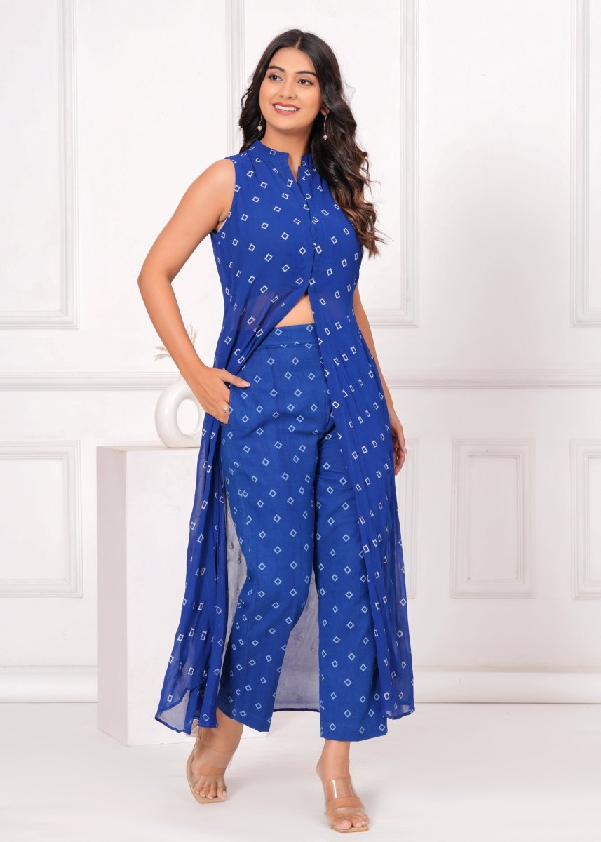 Blue Printed Asymmetrical Co ord Set - My Trend Fusion Collection - Qala Jaipur