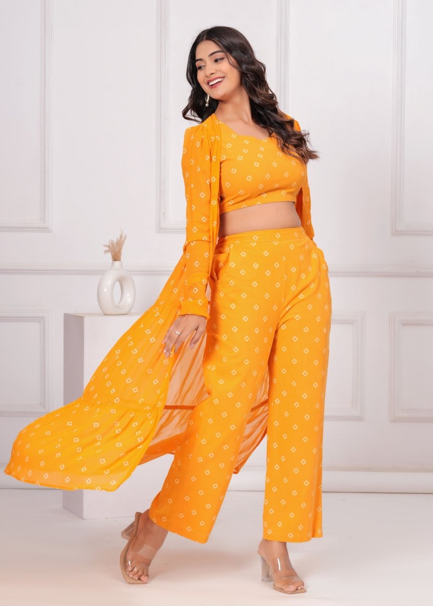 Vibrant Mustard Block Print Co - Ord Set with Longline Shrug - My Trend Fusion Collection - Qala Jaipur