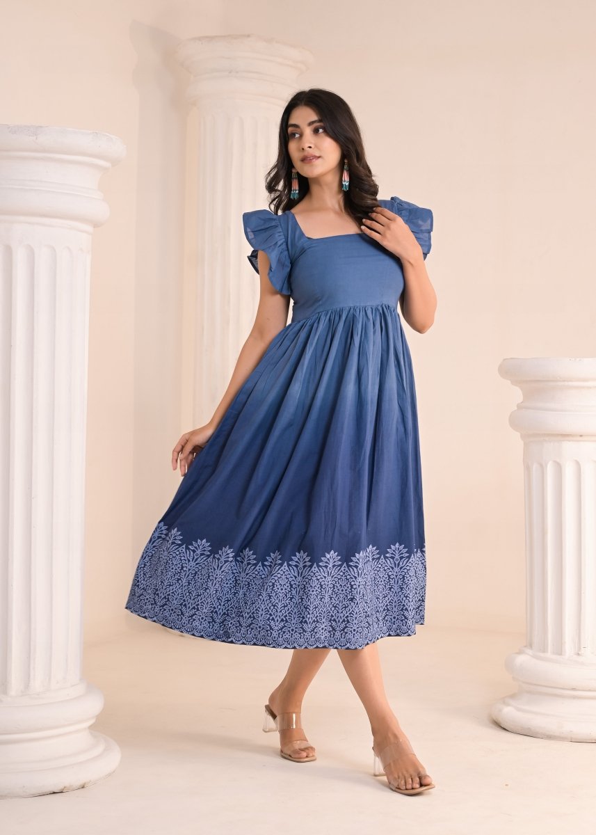 Ombre Block Diaries - Indigo Blue Ruffle Sleeve Midi Dress - Qala Jaipur
